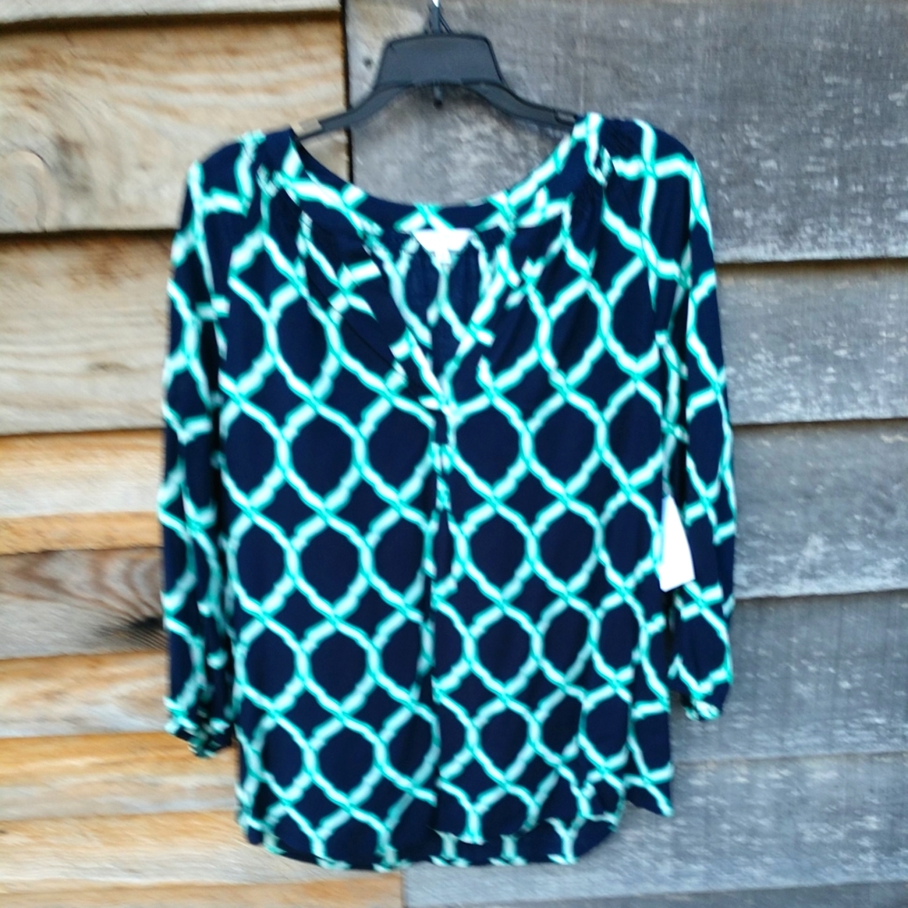 Peasant Top Crown & Ivy Women's Med Navy Blue & White Chain Pattern New W/Tags